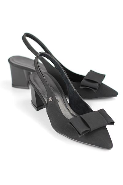 Nira Esnek Yumuşak Kaymaz Taban (4 cm) Siyah Süet  Açık Lastikli Kadın Kalın Topuklu Köşe Fiyonklu Ayakkabı