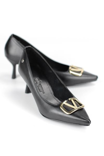 Luxe Esnek Yumuşak Kaymaz Taban (4 cm) Siyah Cilt V Toka Kadın Topuklu Ayakkabı