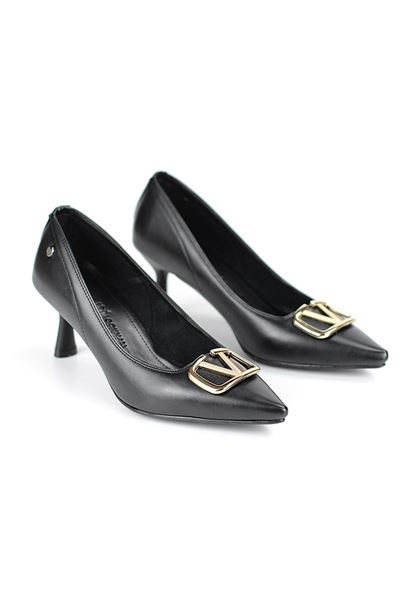 Luxe Esnek Yumuşak Kaymaz Taban (4 cm) Siyah Cilt V Toka Kadın Topuklu Ayakkabı