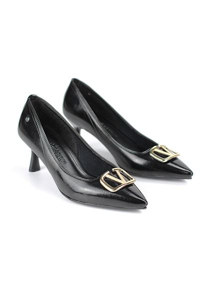 Luxe Esnek Yumuşak Kaymaz Taban (4 cm) Siyah Rugan V Toka Kadın Topuklu Ayakkabı