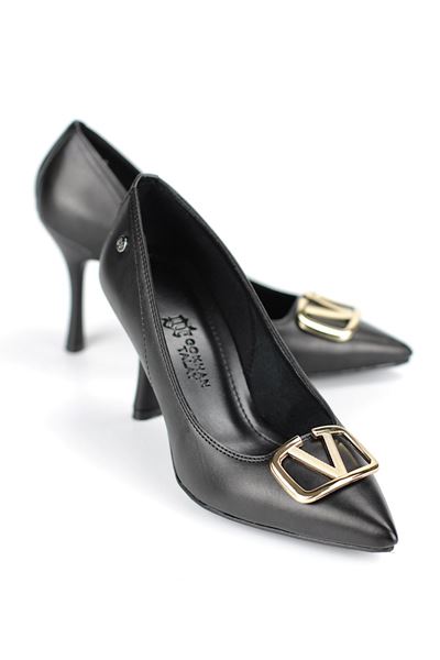 Hana Esnek Yumuşak Kaymaz Taban (8 cm) Siyah Cilt V Toka Kadın Topuklu Ayakkabı