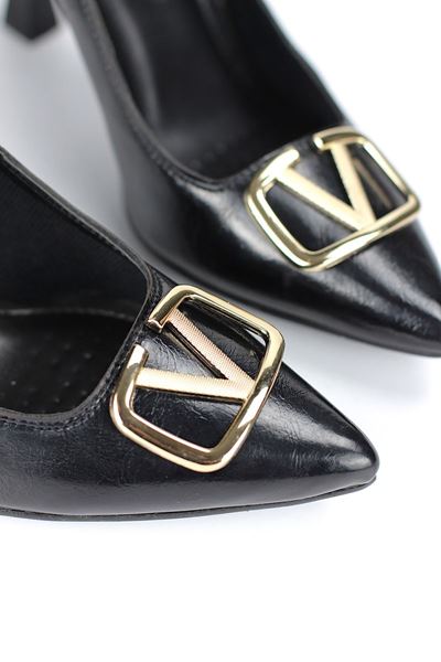 Camille Esnek Yumuşak Kaymaz Taban (10 cm) Siyah Rugan V Toka Kadın Topuklu Ayakkabı