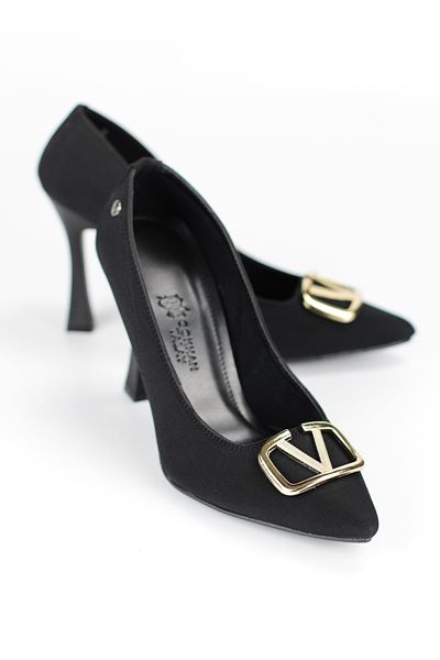 Camille Esnek Yumuşak Kaymaz Taban (10 cm) Siyah Süet V Toka Kadın Topuklu Ayakkabı