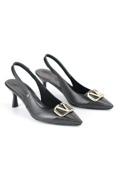 Liselotte Esnek Yumuşak Kaymaz Taban (4 cm) Siyah Cilt Açık Lastikli V Toka Kadın Topuklu Ayakkabı