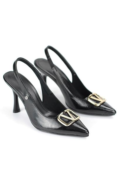 Hilda Esnek Yumuşak Kaymaz Taban (8 cm) Siyah Rugan  Açık Lastikli V Toka Kadın Topuklu Ayakkabı