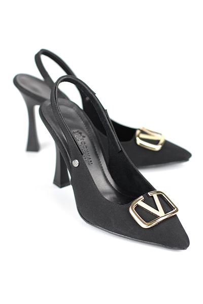 Melina Esnek Yumuşak Kaymaz Taban (10 cm) Siyah Süet  Açık Lastikli V Toka Kadın Topuklu Ayakkabı