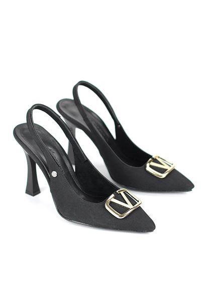 Melina Esnek Yumuşak Kaymaz Taban (10 cm) Siyah Süet  Açık Lastikli V Toka Kadın Topuklu Ayakkabı