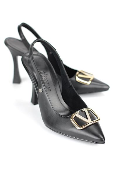 Melina Esnek Yumuşak Kaymaz Taban (10 cm) Siyah Cilt Açık Lastikli V Toka Kadın Topuklu Ayakkabı