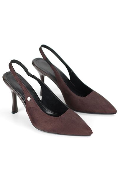 Lavender Esnek Yumuşak Kaymaz Taban (8 cm) Süet  Koyu Kahve  Açık Lastikli Kadın Topuklu Ayakkabı