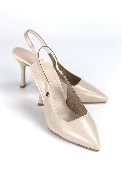 Lavender Esnek Yumuşak Kaymaz Taban (8 cm) Bej Rugan  Açık Lastikli Kadın Topuklu Ayakkabı