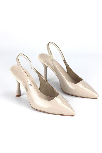 Lavender Esnek Yumuşak Kaymaz Taban (8 cm) Bej Rugan  Açık Lastikli Kadın Topuklu Ayakkabı