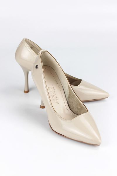 Jimena Esnek Yumuşak Kaymaz Taban (8 cm) Bej Rugan Kadın Topuklu Ayakkabı