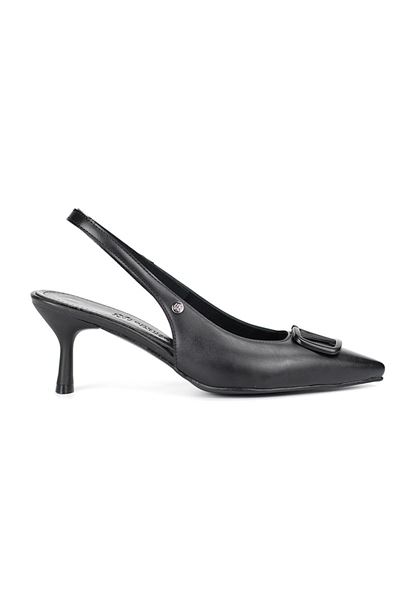 Lilith Esnek Yumuşak Kaymaz Taban (4 cm) Siyah Cilt Açık Lastikli V Toka Kadın Topuklu Ayakkabı