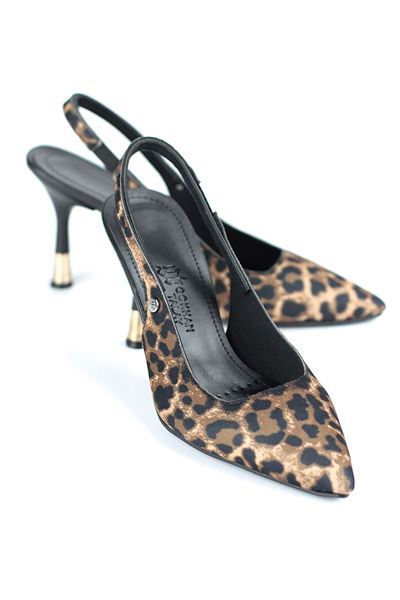 Biana  Esnek Yumuşak Kaymaz Taban (8 cm) Leopar Açık Lastikli Kadın Topuklu Ayakkabı