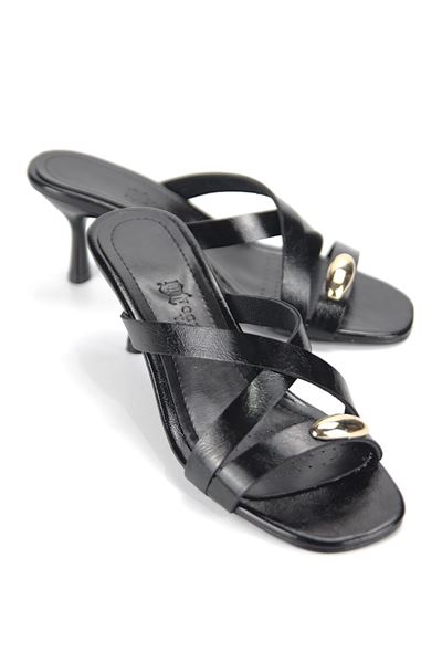 Zoryelle Esnek Yumuşak Kaymaz Taban (4 cm) Siyah Rugan  Çapraz Bantlı Tokalı Kadın Topuklu Terlik