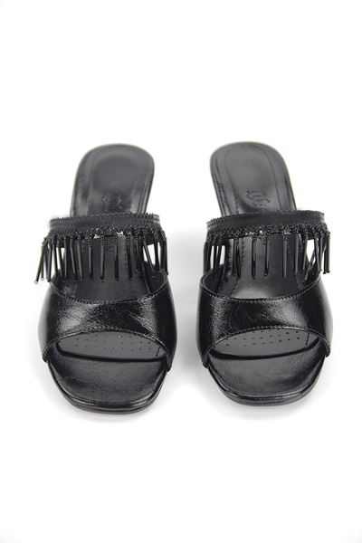 Tessa Esnek Yumuşak Kaymaz Taban (4 cm) Siyah Rugan Boncuk Püsküllü Kadın Topuklu Terlik