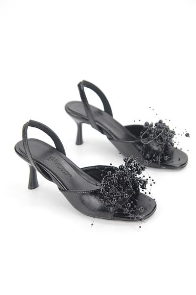 Virella Esnek Yumuşak Kaymaz Taban (4 cm) Siyah Rugan El Yapımı Boncuk Detaylı Kadın Topuklu Ayakkabı