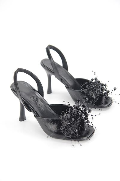 Luvira Esnek Yumuşak Kaymaz Taban (8 cm) Siyah Rugan El Yapımı Boncuk Detaylı Kadın Topuklu Ayakkabı