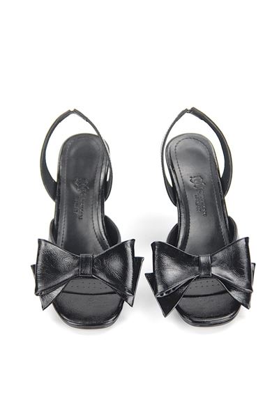 Sirel Esnek Yumuşak Kaymaz Taban (8 cm) Siyah Rugan Fiyonk Detaylı Kadın Topuklu Ayakkabı