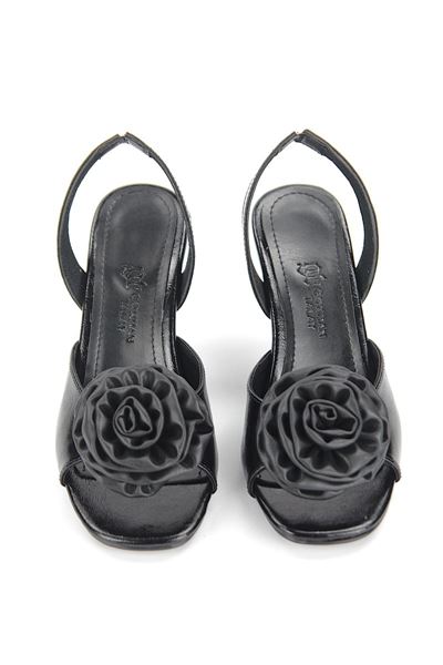 Velin Esnek Yumuşak Kaymaz Taban (8 cm) Siyah Rugan El Yapımı Gül Detaylı Kadın Topuklu Ayakkabı