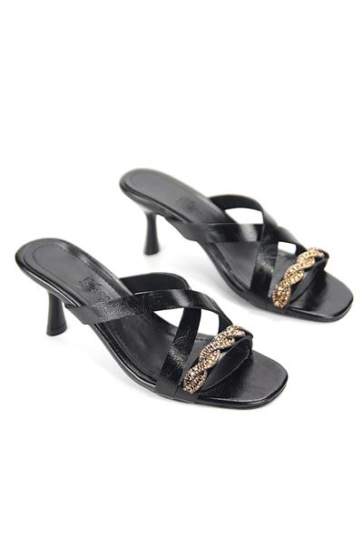Lorena Esnek Yumuşak Kaymaz Taban (4 cm) Siyah Rugan  Çapraz Burgu Koyu Altın Bantlı Kadın Topuklu Terlik