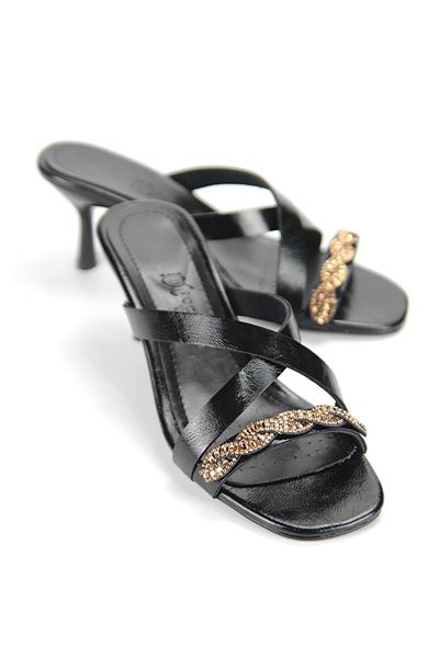 Lorena Esnek Yumuşak Kaymaz Taban (4 cm) Siyah Rugan  Çapraz Burgu Koyu Altın Bantlı Kadın Topuklu Terlik