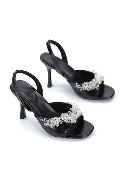 Vela Esnek Yumuşak Kaymaz Taban (8 cm) Siyah Rugan El Yapımı Şeffaf Boncuk Detaylı Kadın Topuklu Ayakkabı