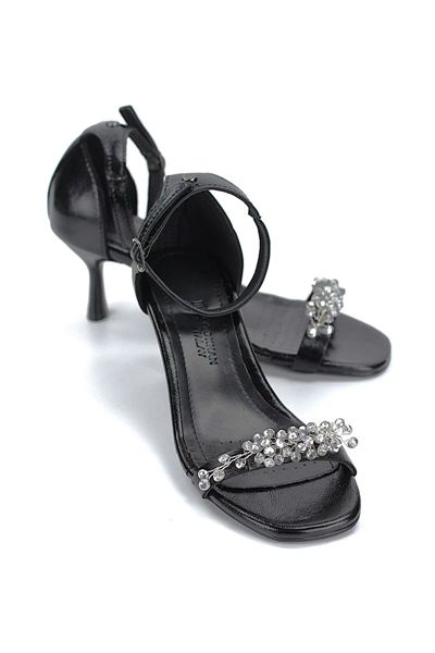 Pearl Esnek Yumuşak Kaymaz Taban (4 cm) Siyah Rugan El Yapımı Gümüş Boncuk Detaylı Kadın Topuklu Ayakkabı