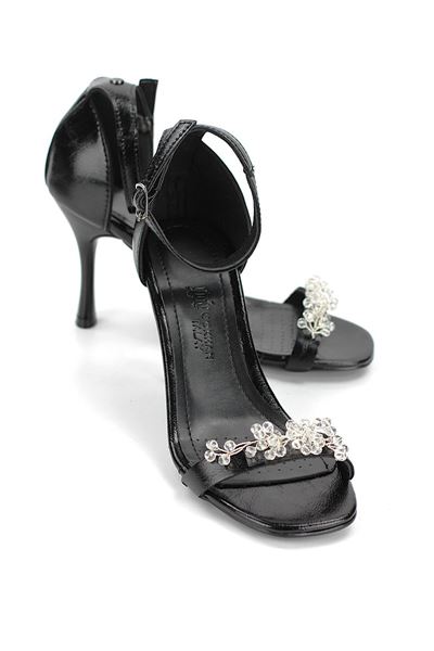 Zaya Esnek Yumuşak Kaymaz Taban (8 cm) Siyah Rugan El Yapımı Şeffaf Boncuk Detaylı Kadın Topuklu Ayakkabı