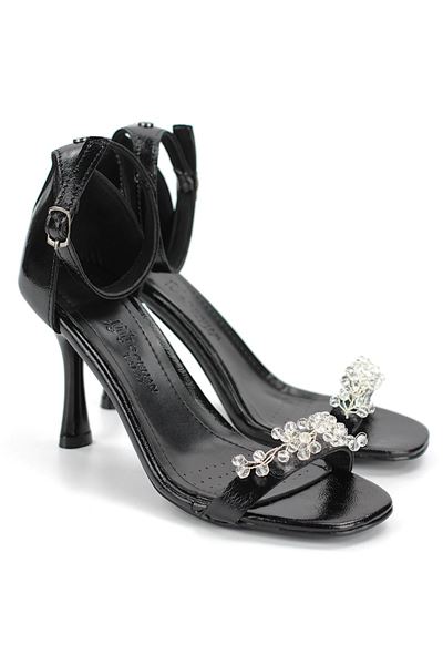 Zaya Esnek Yumuşak Kaymaz Taban (8 cm) Siyah Rugan El Yapımı Şeffaf Boncuk Detaylı Kadın Topuklu Ayakkabı