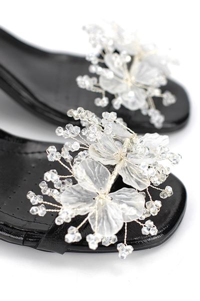 Bijou Esnek Yumuşak Kaymaz Taban (4 cm) Siyah Rugan El Yapımı Şeffaf Yaprak Detaylı Kadın Topuklu Ayakkabı