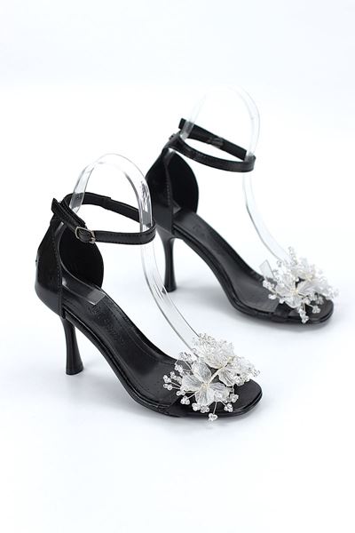 Kallista Esnek Yumuşak Kaymaz Taban (8 cm) Siyah Rugan El Yapımı Şeffaf Yaprak Detaylı Kadın Topuklu Ayakkabı