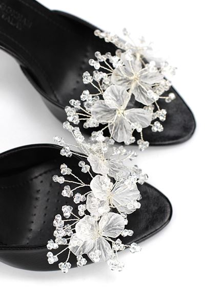 Cosima Esnek Yumuşak Kaymaz Taban (8 cm) Siyah Rugan El Yapımı şeffaf Yaprak Detaylı Kadın Topuklu Terlik 