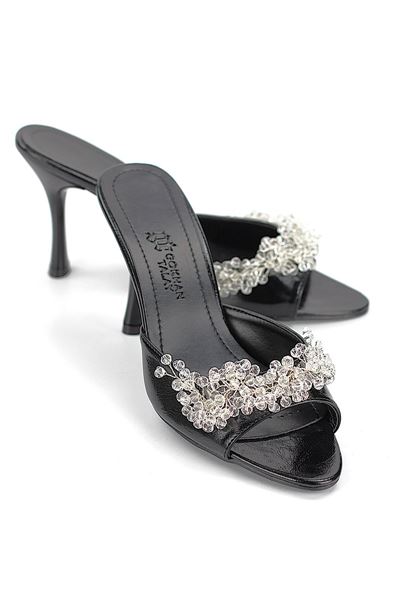 Lucine Esnek Yumuşak Kaymaz Taban (8 cm) Siyah Rugan El Yapımı Şeffaf Boncuk Detaylı Kadın Topuklu Terlik 