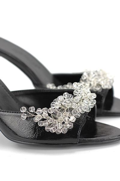 Lucine Esnek Yumuşak Kaymaz Taban (8 cm) Siyah Rugan El Yapımı Şeffaf Boncuk Detaylı Kadın Topuklu Terlik 