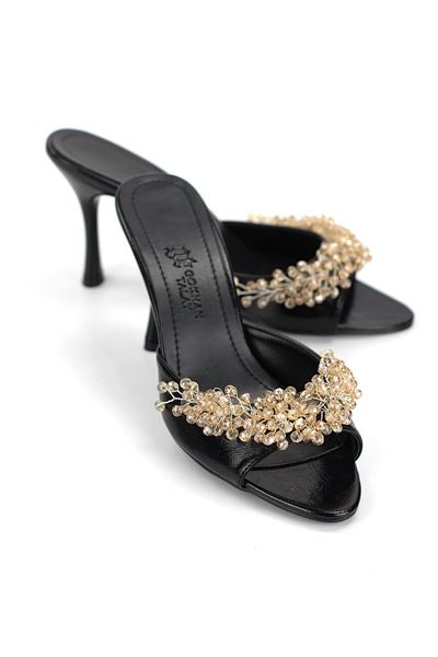 Lucine Esnek Yumuşak Kaymaz Taban (8 cm) Siyah Rugan El Yapımı Altın Boncuklu Kadın Topuklu Terlik 