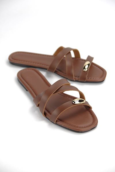  Sintra Kadın Taba Cilt Altın Renk Toka Detaylı İnce Çapraz  Terlik