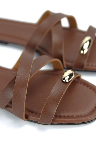  Sintra Kadın Taba Cilt Altın Renk Toka Detaylı İnce Çapraz  Terlik