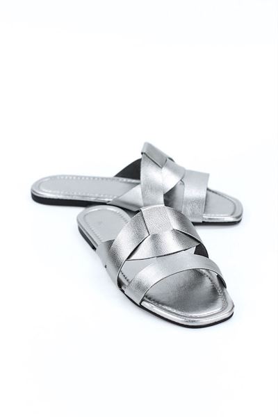 Venza Kadın Çapraz Geçme  Lame Metalik Cilt Terlik