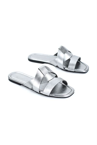 Venza Kadın Çapraz Geçme  Lame Metalik Cilt Terlik