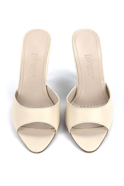 Zafira Esnek Yumuşak Kaymaz Taban (8 cm) Bej Cilt Kadın Topuklu Terlik