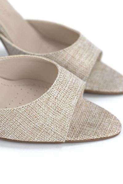Zafira Esnek Yumuşak Kaymaz Taban (8 cm) Bej Keten Kadın Topuklu Terlik
