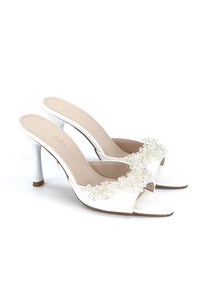 Lucine Esnek Yumuşak Kaymaz Taban (8 cm) Beyaz Cilt El Yapımı Şeffaf Boncuk Detaylı Kadın Topuklu Terlik 