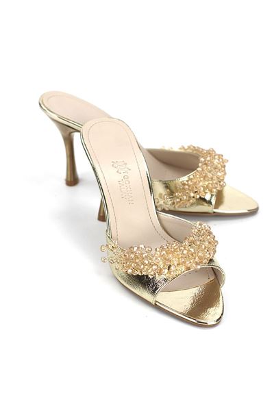 Lucine Esnek Yumuşak Kaymaz Taban (8 cm) Dore Metalik El Yapımı Boncuk Detaylı Kadın Topuklu Terlik 