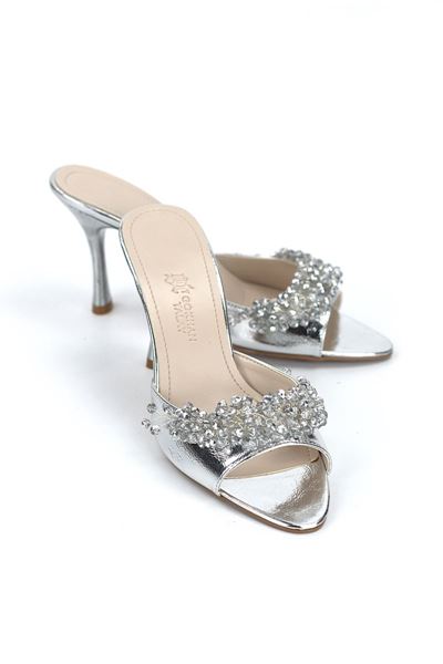 Lucine Esnek Yumuşak Kaymaz Taban (8 cm) Lame Metalik El Yapımı Boncuk Detaylı Kadın Topuklu Terlik 