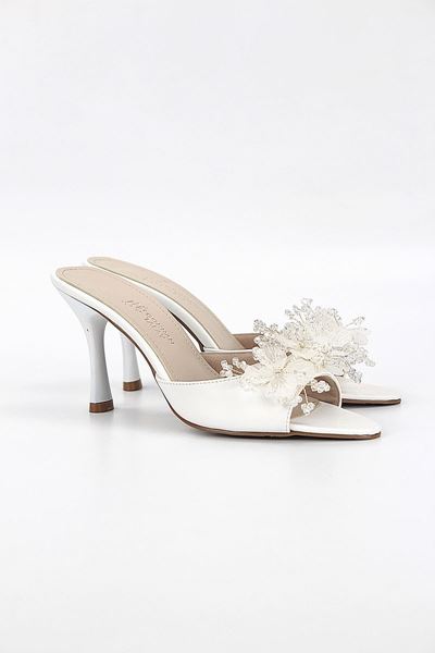 Cosima Esnek Yumuşak Kaymaz Taban (8 cm) Beyaz Cilt El Yapımı şeffaf Yaprak Detaylı Kadın Topuklu Terlik 