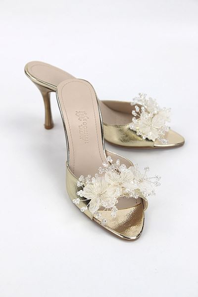 Cosima Esnek Yumuşak Kaymaz Taban (8 cm) Dore El Yapımı şeffaf Yaprak Detaylı Kadın Topuklu Terlik 