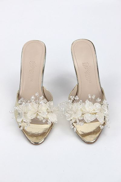 Cosima Esnek Yumuşak Kaymaz Taban (8 cm) Dore El Yapımı şeffaf Yaprak Detaylı Kadın Topuklu Terlik 