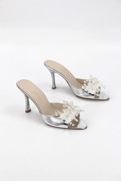 Cosima Esnek Yumuşak Kaymaz Taban (8 cm) Lame El Yapımı şeffaf Yaprak Detaylı Kadın Topuklu Terlik 