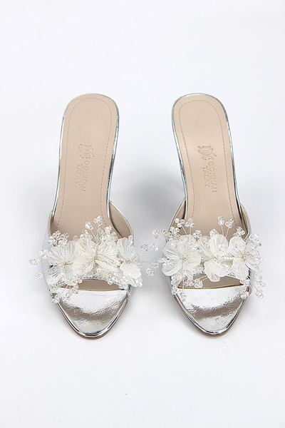 Cosima Esnek Yumuşak Kaymaz Taban (8 cm) Lame El Yapımı şeffaf Yaprak Detaylı Kadın Topuklu Terlik 